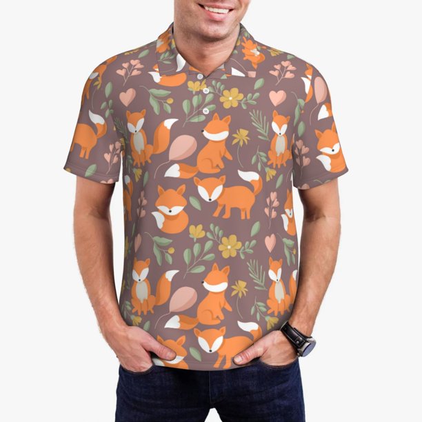 Fotbe Cute Little Fox Camiseta Polo de Golf para Hombre con Estampado – Camisa Deportiva Transpirable con Cuello Abotonado-Medium