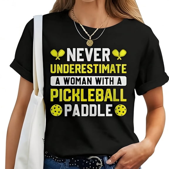 Women's Funny Pickleball T-Shirt Never Underestimate A Woman With A Pickleball Paddle Retro Athletic Sports Tee Casual Short Sleeve Graphic Top