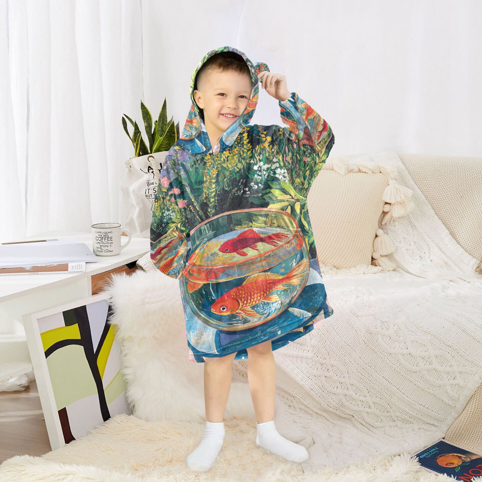 FORMRS Wearable Blanket Hoodie with Sleeves for Kids Cozy Flannel Sweatshirt, Art Goldfish Bowl