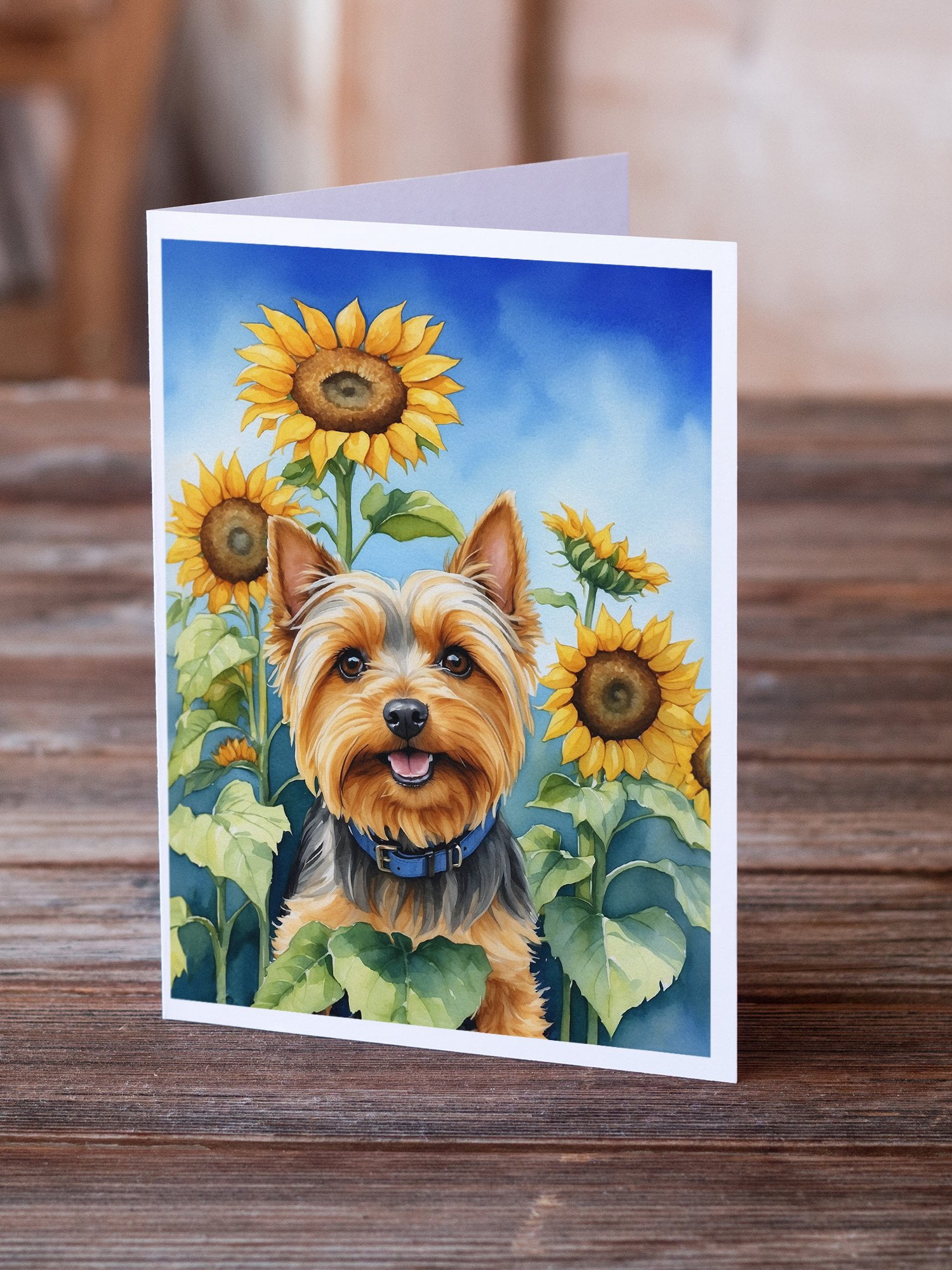 Silky Terrier in Sunflowers Greeting Cards Pack of 8 7 in x 5 in
