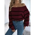 thumbnail image 6 of Off Shoulder Striped Sweater Women Fall Fashion Casual Knit Sweaters Pullover Y2k Cute Tops Wine Red S, 6 of 8
