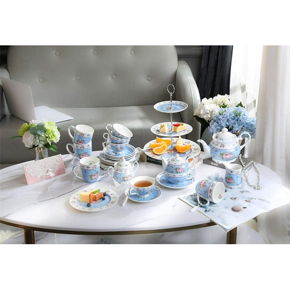 Vintage Porcelain Coffee Tea Cup and Saucer Set 4 Piece Blue Bird Flora Gift Box .5OZ
