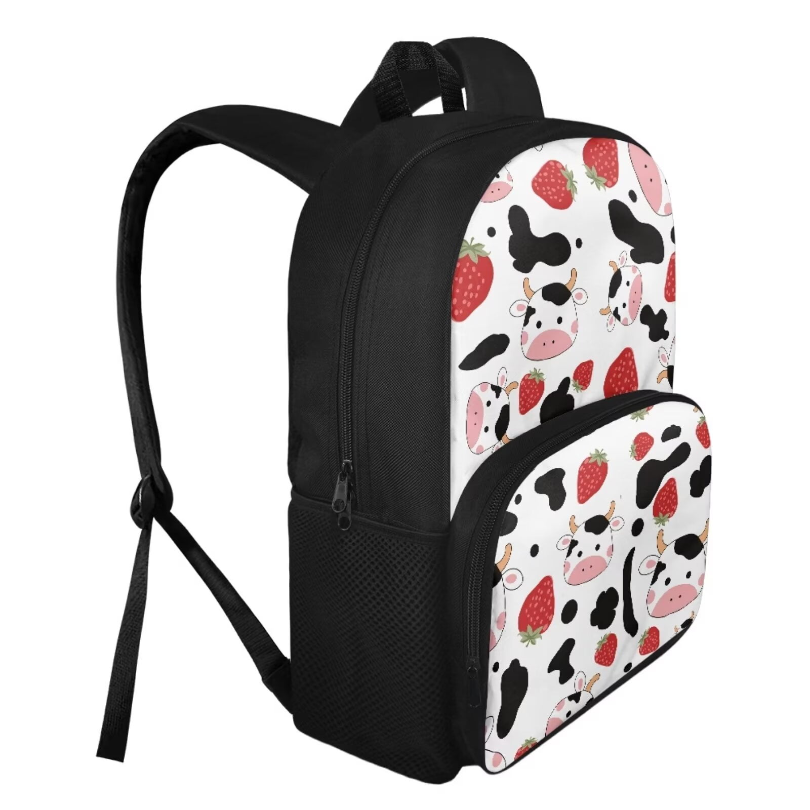 FOR U DESIGNS Portable Backpacks for High School Girsl Casual Bookbag with 2 Sides Pockets, Cow Print Strawberry School Bags Work Office Laptop Bag Leisure Daypack Storage Purse