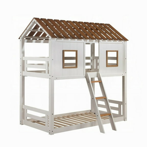 Nara Twin Size Bunk Bed, House Design with Ladder, White Rustic Wood