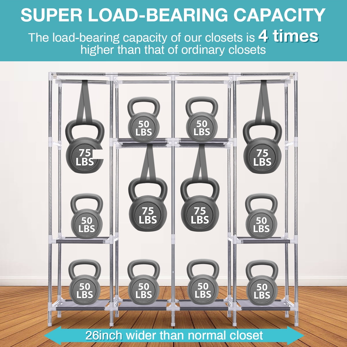 Portable Closet, Extra Large Wardrobe with Zippered Cover, 4 Hanging Rods & 8 Shelves, Sturdy Storage Organizer for Home