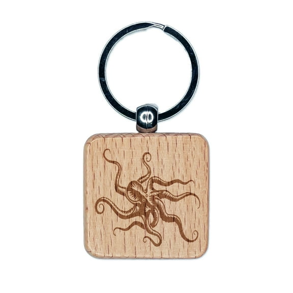 Octopus Old Timey Sketch Square Keychain Charm Tag - Engraved Wood