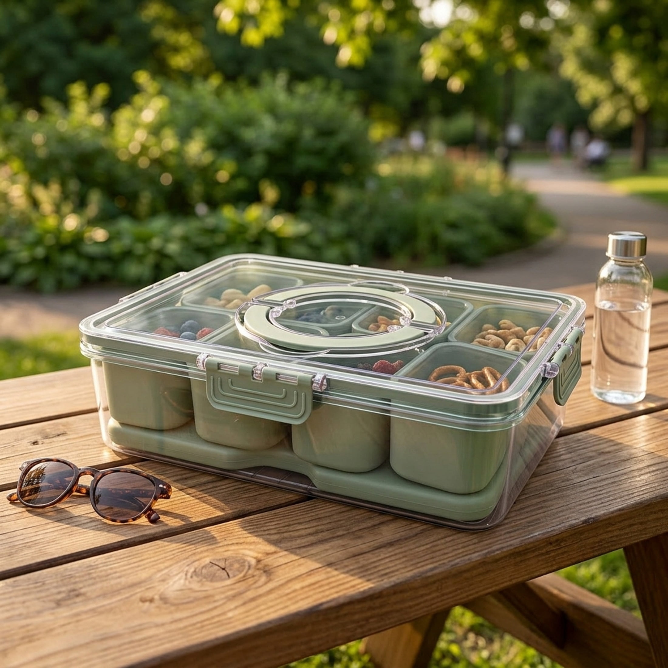 Cook with Color 8-Compartment Snack Box Food Storage Carrier, Charcuterie Container with Ice Pack, Portable and Dishwasher Safe, Leak Proof, Sage