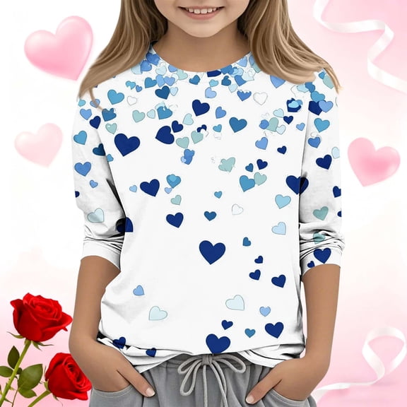 Xdegoge Girls Valentines Shirt 3/4 Sleeve Crew Neck Pullover Tops Toddler Heart Printed Fashion Tops Y2K Streetwear Tee Shirts