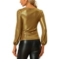 thumbnail image 3 of INSPIRE CHIC Women's Metallic Shimmer Glitter Bishop Sleeve Scoop Neck Party Top Shirt XS Dark Gold, 3 of 6