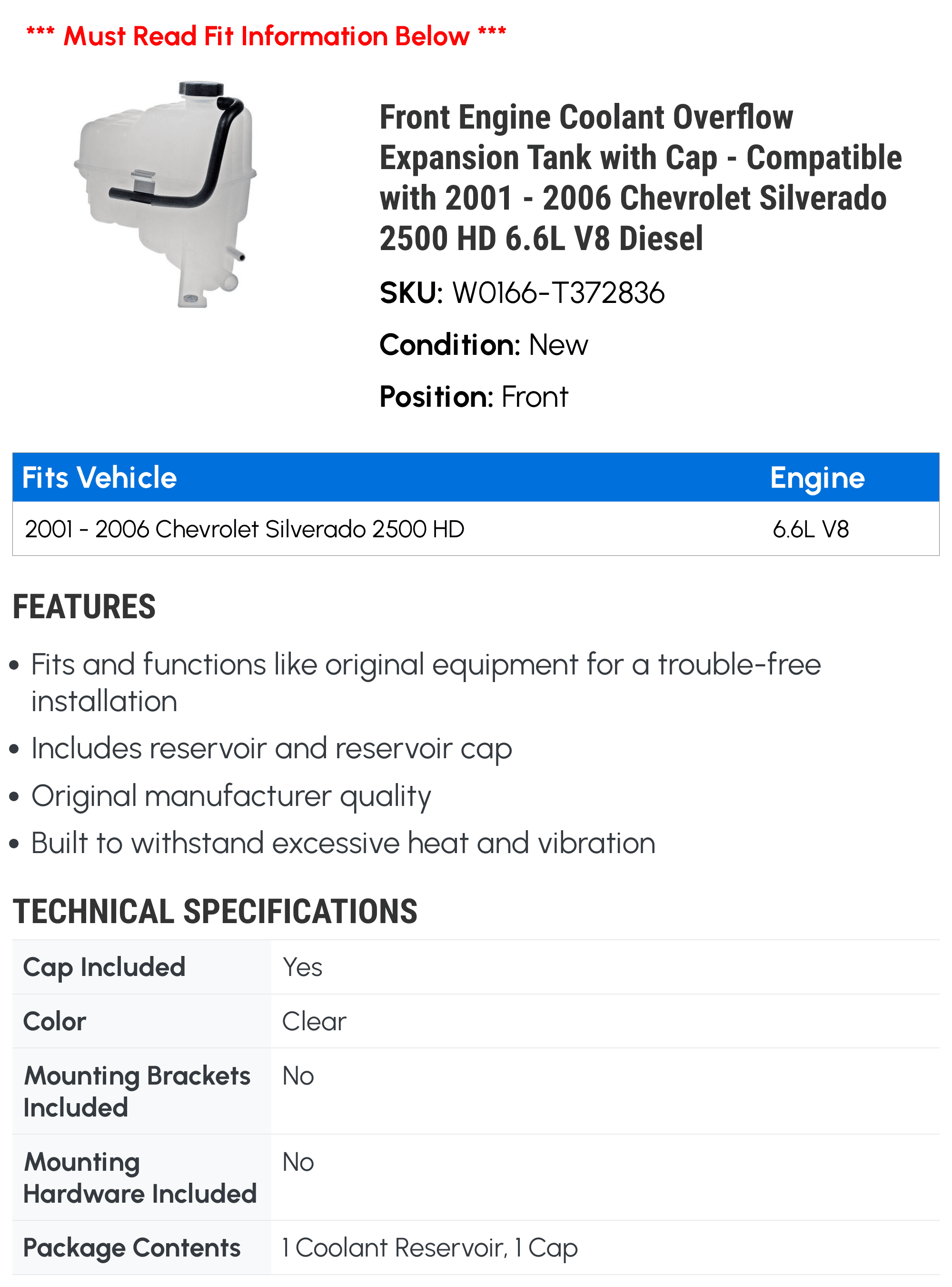Front Engine Coolant Overflow Expansion Tank with Cap - Compatible with 2001 - 2006 Chevy Silverado 2500 HD 6.6L V8 Diesel 2002 2003 2004 2005