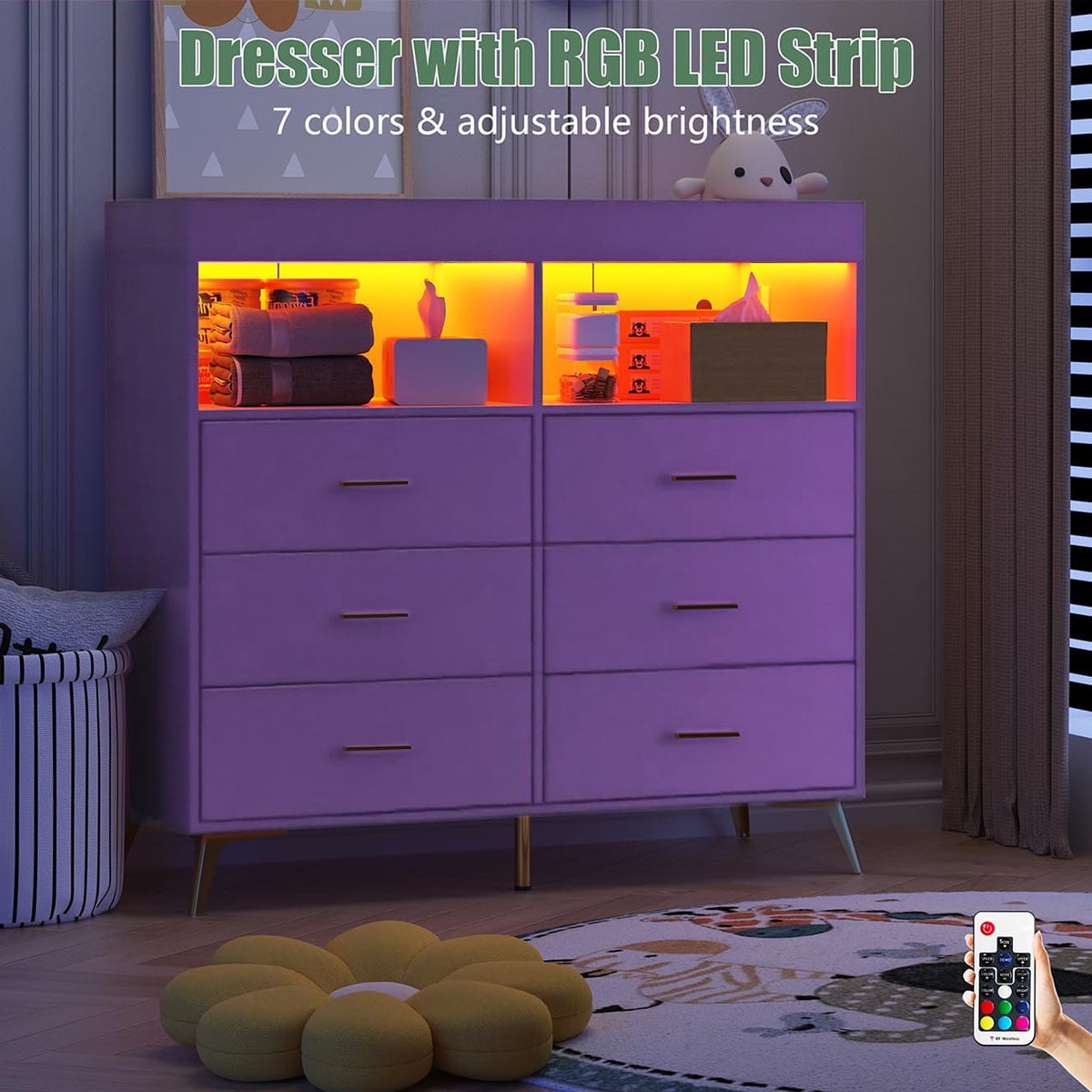 Danolapsi Changing Table Dresser with Drawers,Baby Dresser with Changing Table Top,Power Outlet,LED Light & Metal Feet,Diaper Changing Station Nursery Organizer for Infants Newborn（ship in 2 boxes）