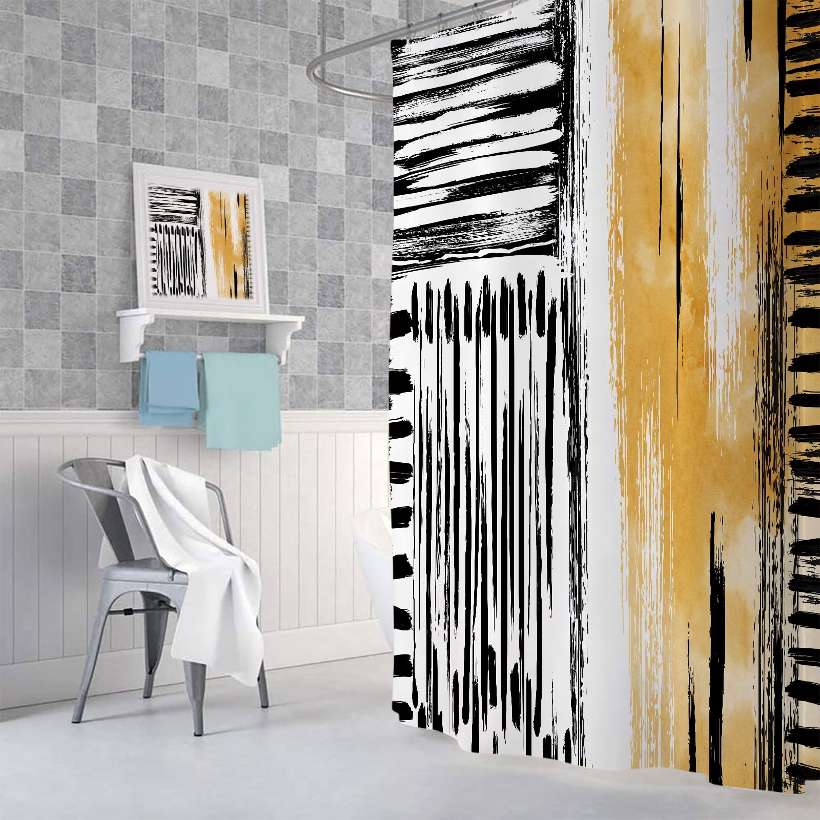 Abstract Designer Shower Curtain Aesthetic Art, Modern Neutral Black and white Yellow Brown Fabric Shower Curtains Set for Men Bathroom Decorative, Restroom Decor Accessories 60X72 Inch