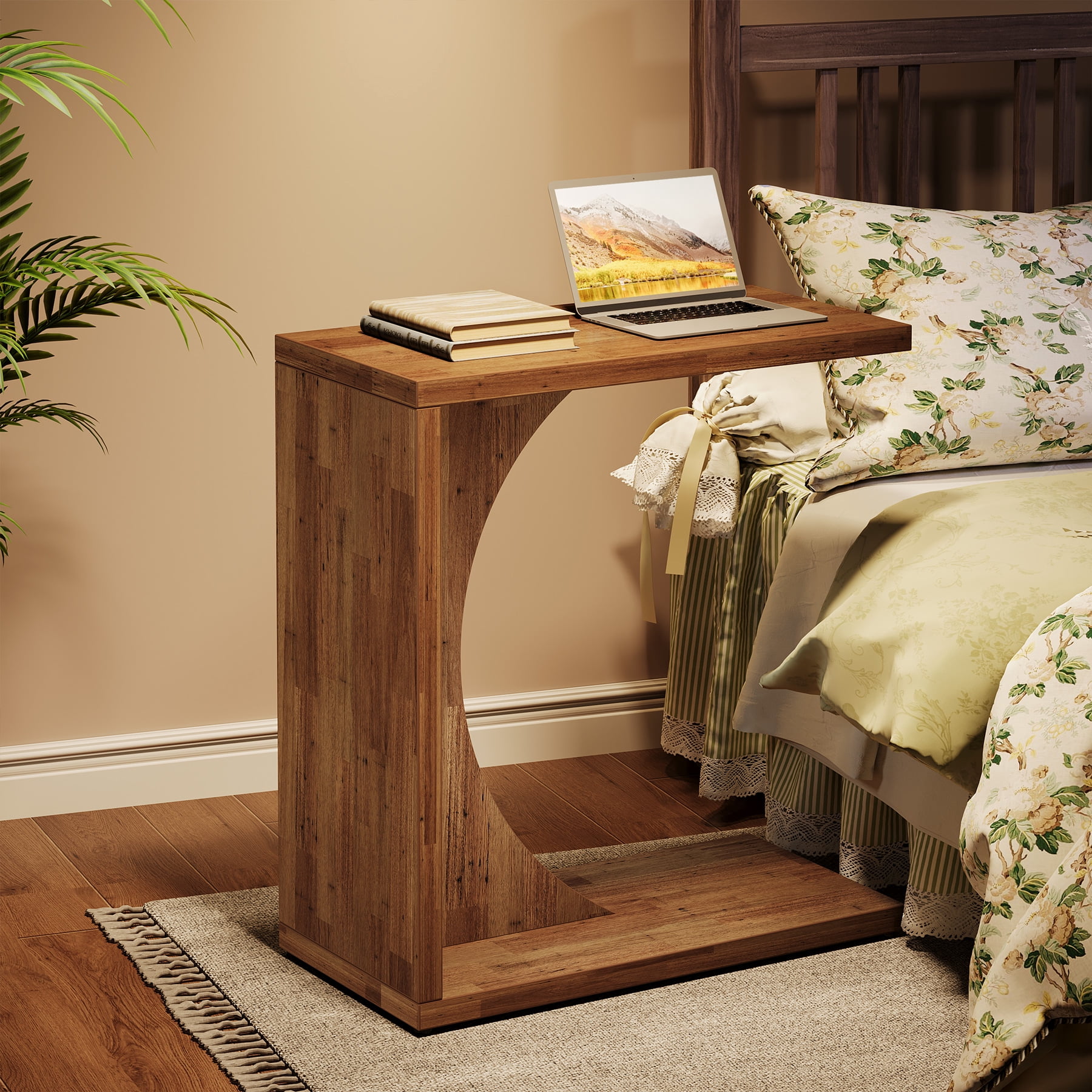 Fnova End Table Farmhouse C-shaped Side Table, Narrow Wooden Sofa Table with Space-Saving Design, Modern Bedside Table, Easy Assembly, Corner Table for Living Room, Bedroom, Nightstand, Brown