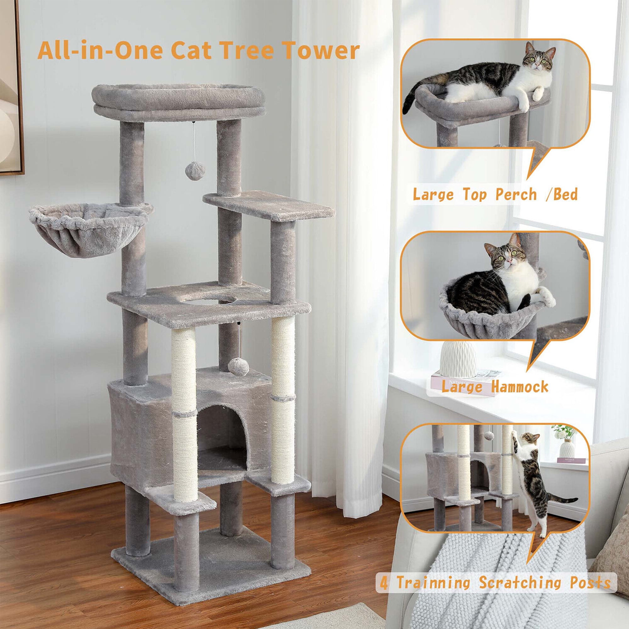 Kadyn 54" Cat Tree Tower for Big Cats, Cat Tree House Furniture with Hammock, Indoor Cat Condo for Adult Cats, Gray Kadyn 54" Cat Tree Tower for Big Cats, Cat Tree House Furniture with Hammock, Indoor Cat Condo for Adult Cats, Gray