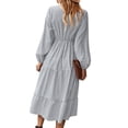 thumbnail image 6 of hirigin Women Casual Dress, V Neck Buttons Down Long Lantern Sleeve Dress, High Waist Ruffle Hem Stripe Midi Dress, 6 of 7