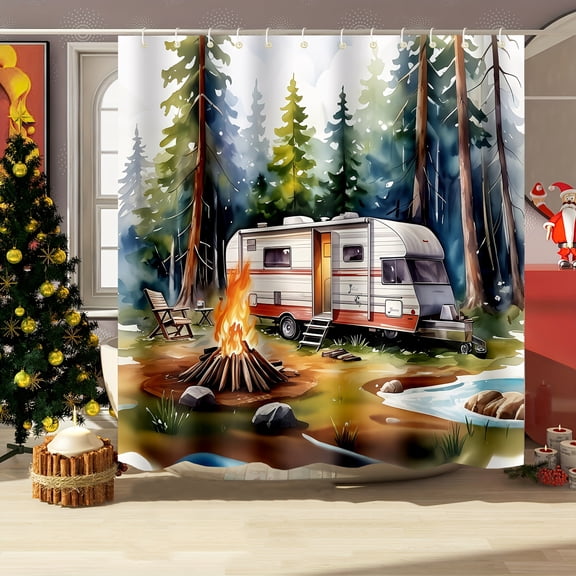Watercolor Forest Camper Campfire Outdoor Camping Print Waterproof Fabric Shower Curtain With Hooks Nature RV Lover Bathroom Decor