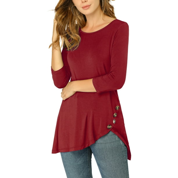 INSPIRAR CHIC Blusas de Mujer Cuello Redondo Manga 3/4 Decoración de Botones Dobladillo Irregular Estilo Casual M Burdeos