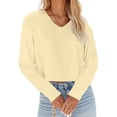 thumbnail image 2 of Women Long Sleeve Solid Color V Neck Cropped T Shirts Crop Tops, 2 of 5