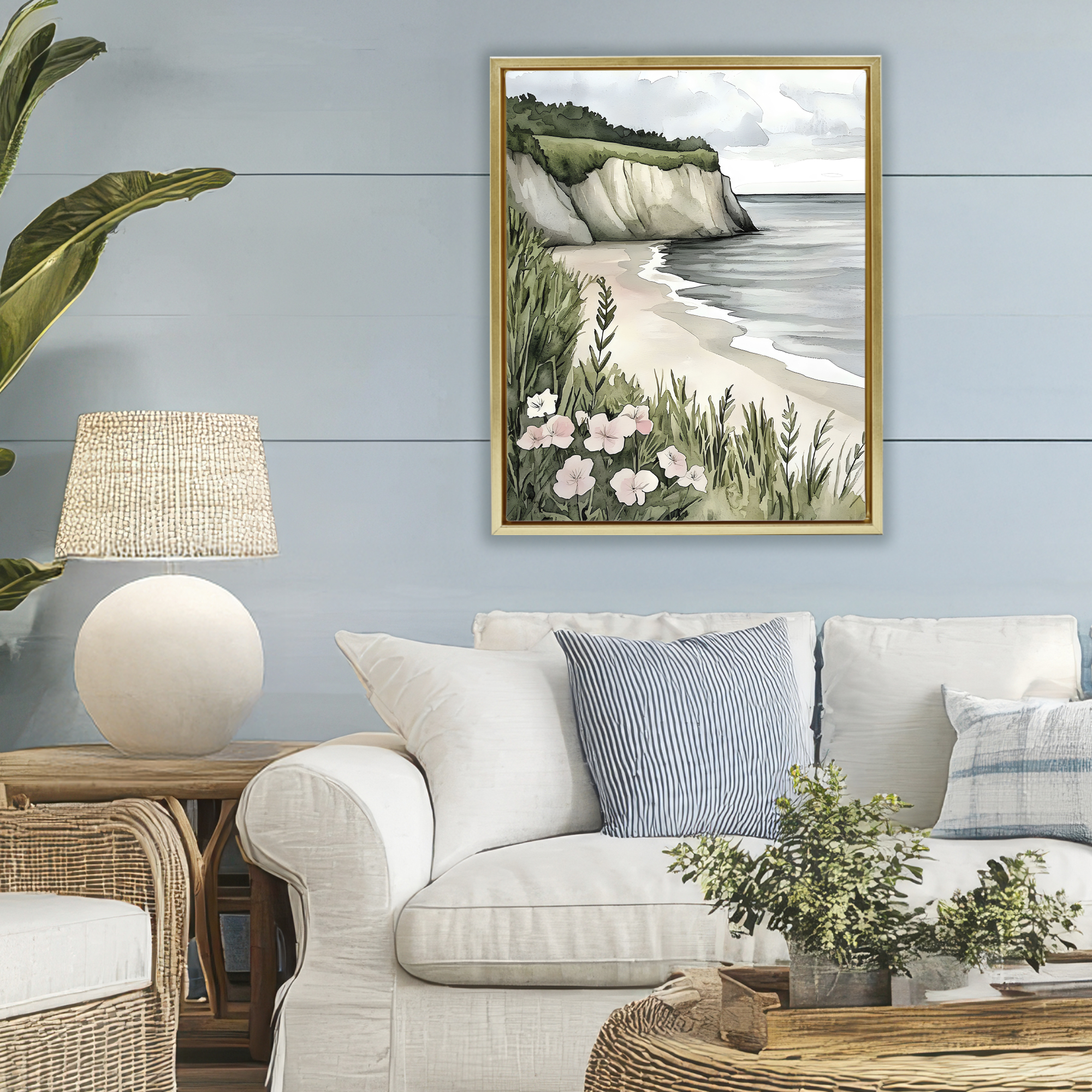 Stupell Industries Coastal Calm with Floral Blooms Gold Framed Floater Canvas Wall Art, design by Riley B