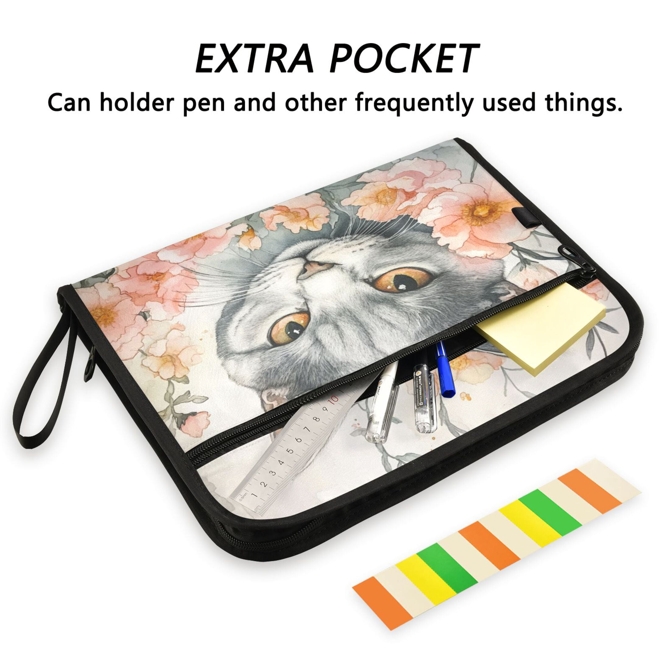 WOBOGO White Cat with Flower Expanding File Folder Letter Size Accordion Filing Organizer 13 Pocket Separate Organ Pocket