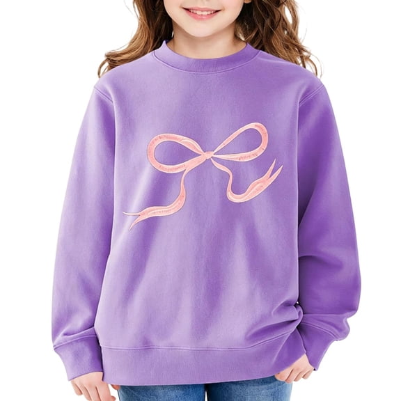 qafoshin Girls Workout Sweatshirts Cute Bow Printed Pullover Shirts Casual Long Sleeve Crew Neck Fall Fleece Tops