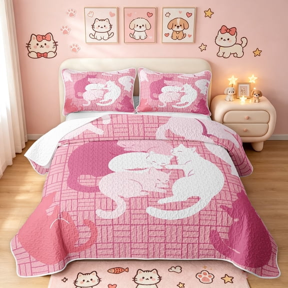 Manfei Pastel Cat Silhouette Twin Quilt Set, Grid Lattice Twin Coverlet Set, Pink White, 2pcs, 1 Bedspread and 1 Pillowcase