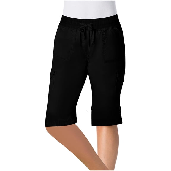 Ashyfjp Womens Cargo Shorts Casual Solid Color Elastic Waist Short Pants with Drawstring Multi Pockets and Rolled Cuffs Fashion for Streetwear, Size S-XXL