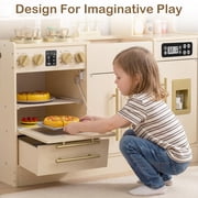 OLAKIDS Kids Kitchen Playset, Wooden Pretend Play Kitchen with Realistic Light Sound 14 Accessories, Toddler Cooking Toy for Boys Girls Aged 3+