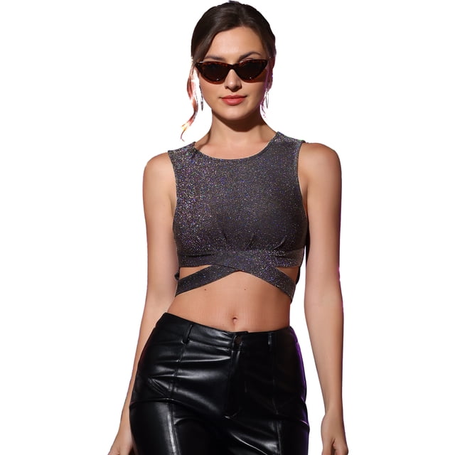 Camiseta corta sin mangas con cuello redondo y purpurina para mujer Multicolor Negro L