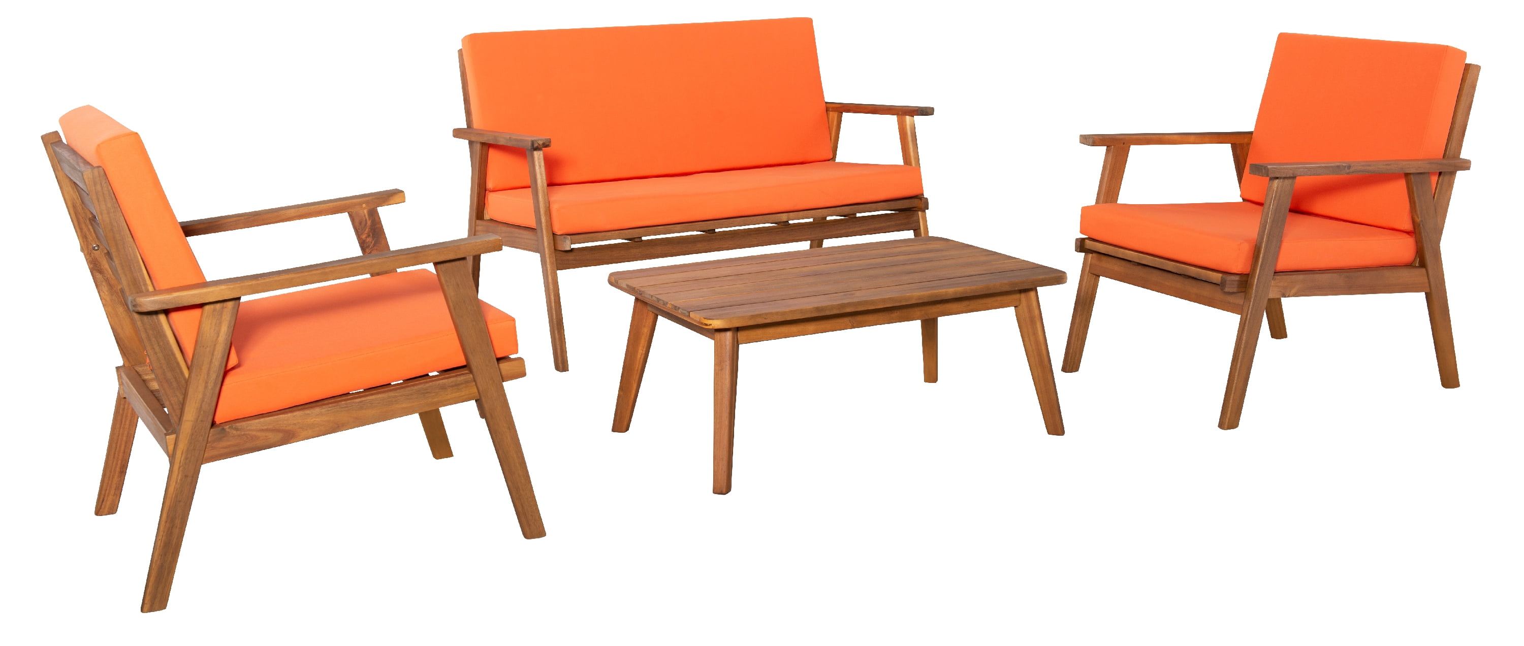 Linon Lathan 4-Piece Acacia Outdoor Conversation Set with Coffee Table, Loveseat & Chairs, Acorn/Orange