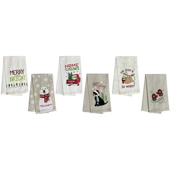 Set of 6, 100% Cotton Assorted Funny Christmas Kitchen Towels with Sentiments on White  Dark Linen Soft and Absorbent Tea Towels / Kitchen Towel Size: 15” x 25".