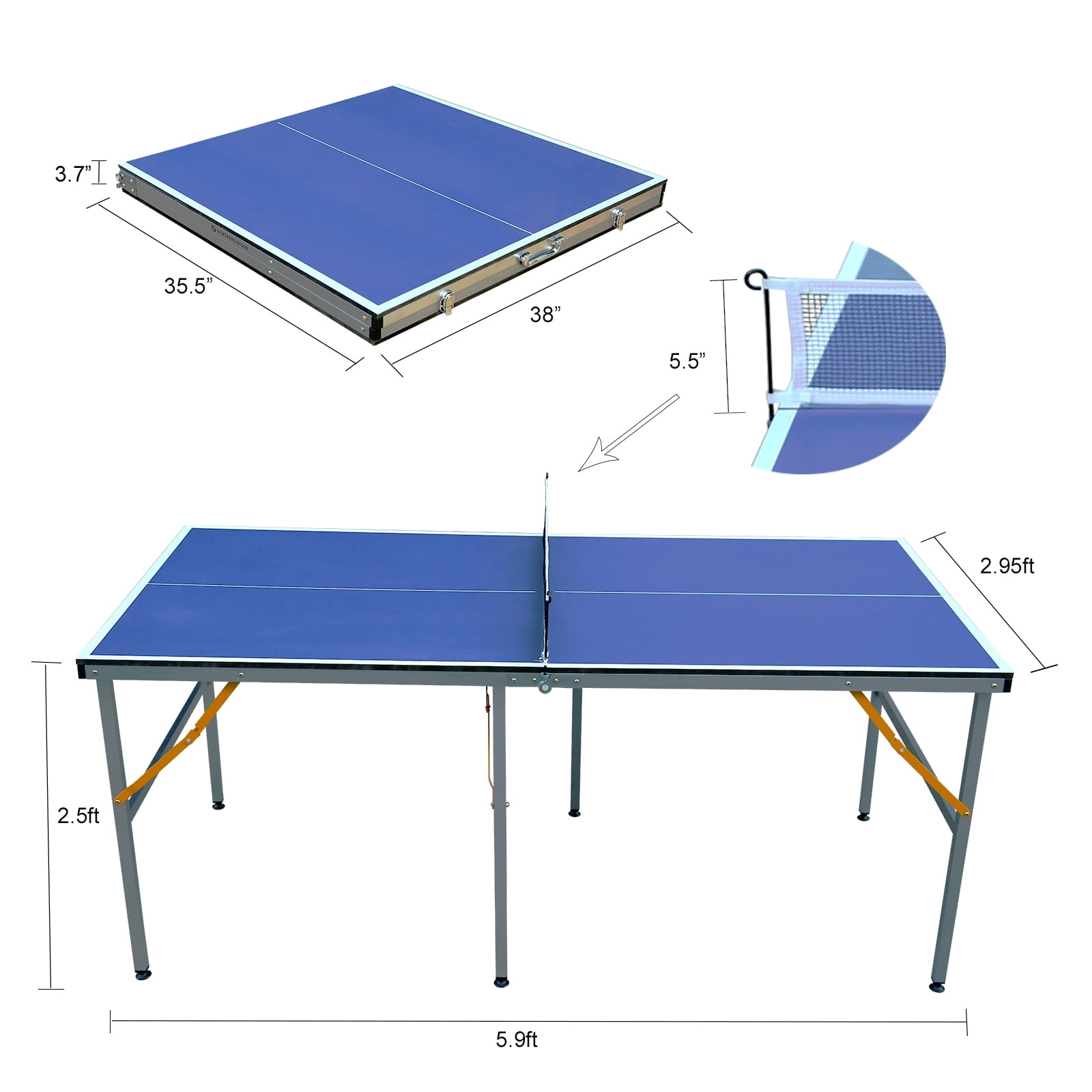 Leuco 6ft Midsize Table Tennis Table Foldable Compact for Space Saver， Portable Junior Teenagers Ping Pong Table with Net, 2 Table Tennis Paddles and 3 Balls, Multi-Use Free Standing Game Table, Blue