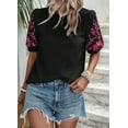 thumbnail image 4 of Women Floral Embroidered Textured Tops Crewneck Puff Short Sleeve Casual Loose Solid Embroidery Blouses Shirts Black L, 4 of 9