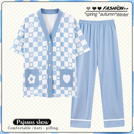 

CoCopeaunt Pajamas for Women Autumn Winter Casual 100% Cotton Sleepwear Pijama Female Plaid Pajamas Set Long Trouser Suits pijama mujer 3XL