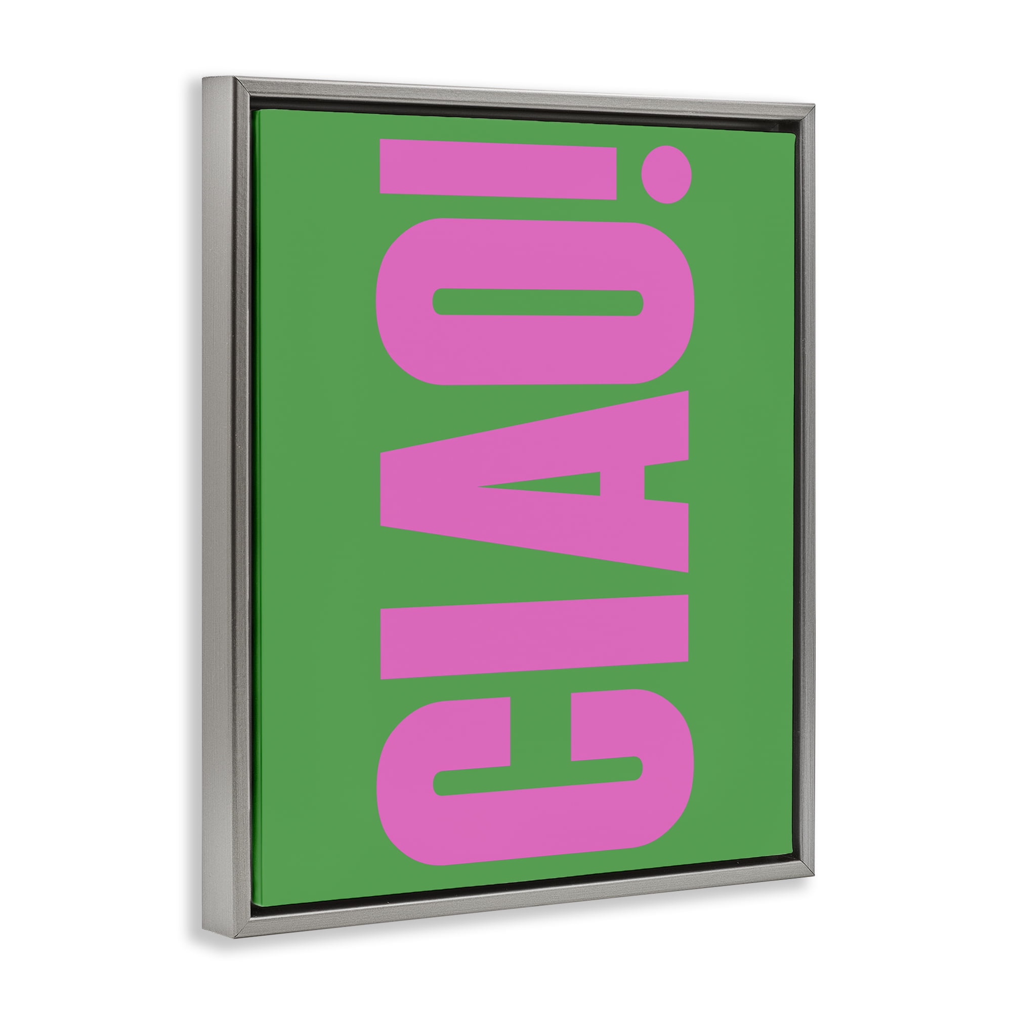 Stupell Industries Ciao Pink & Green Text & Numbers Painting Gray Floater Framed Canvas Art Print Wall Art, 25 x 31