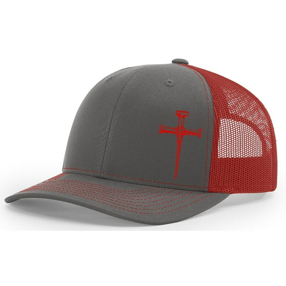 Men's Christian Faith Cross Nails Embroidered Mesh Back Trucker Hat, Graphite/Red