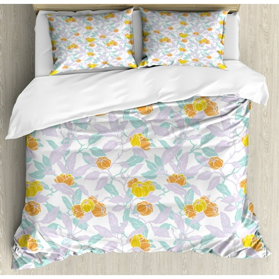 Floral Duvet Cover Set King Size, Simple Design of Ornamental Flowers and Leaves in Spring Tones Art Print, Decorative 3 Piece Bedding Set with 2 Pillow Shams, White and Multicolor, by Ambesonne