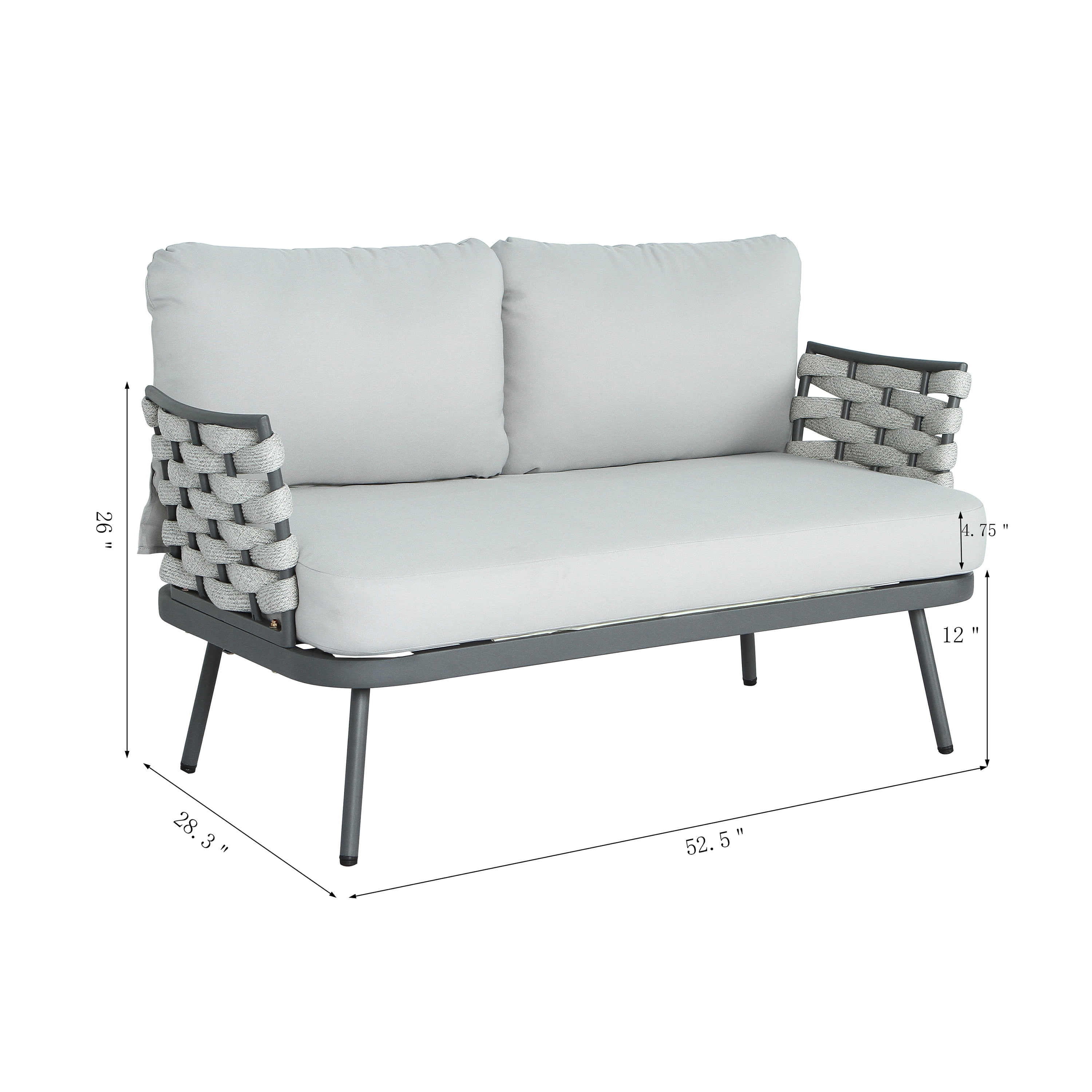 Loveseat and Table, Outdoor Steel Furniture for Patio Garden, Grey