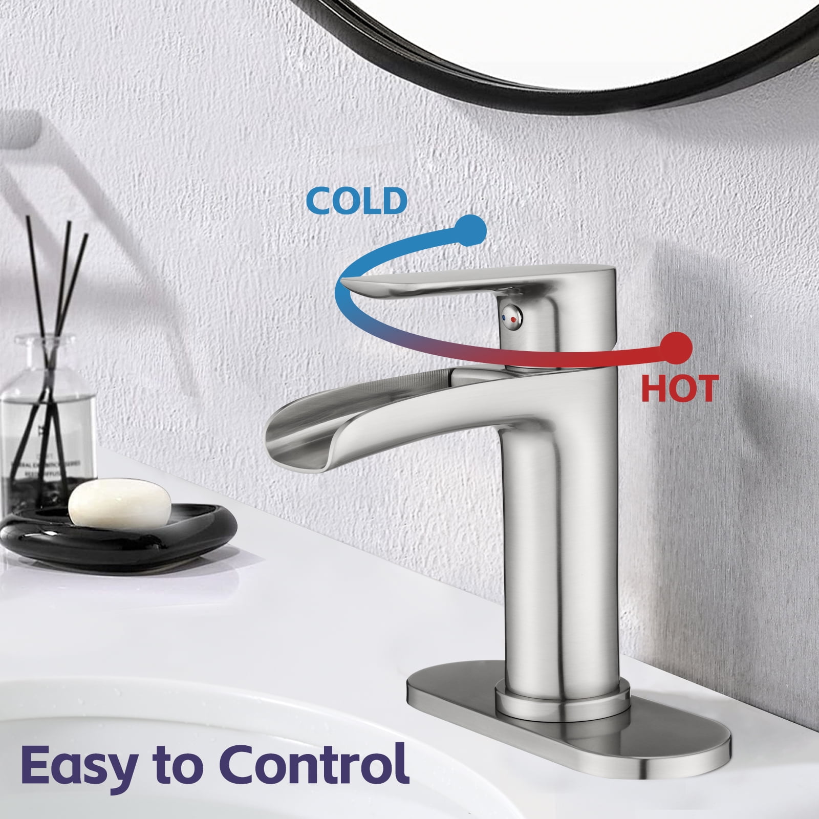 Waterfall Bathroom Faucet Single Handle Bathroom Sink Faucets 1 or 3 Hole Solid Vanity Faucet with Deck Plate & Overflow Pop Up Drain Brushed Nickel
