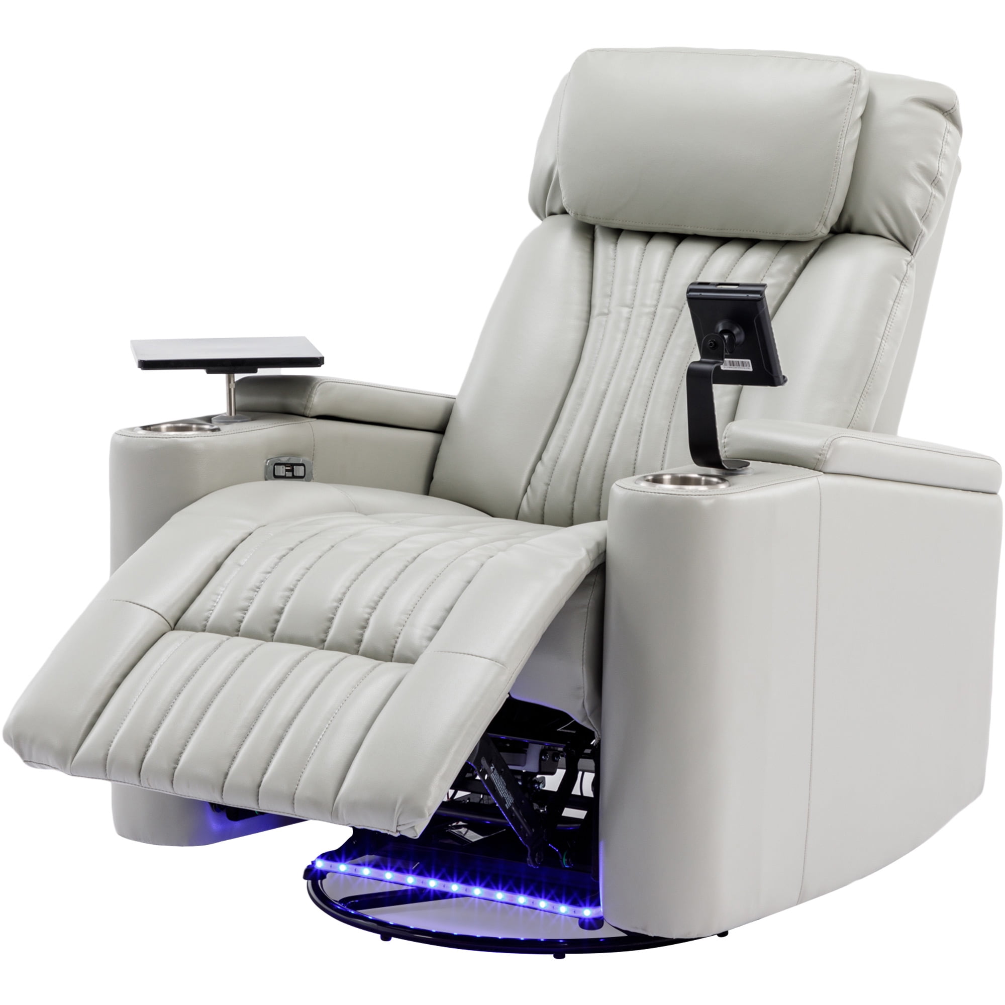 Harper & Bright Designs Electric 270° Power Swivel Recliner Chair w/ Hidden Storage & LED Lights, Home Theater Seating with Cup Holders, 360° Tray Table, Phone Holder, 270° Grey