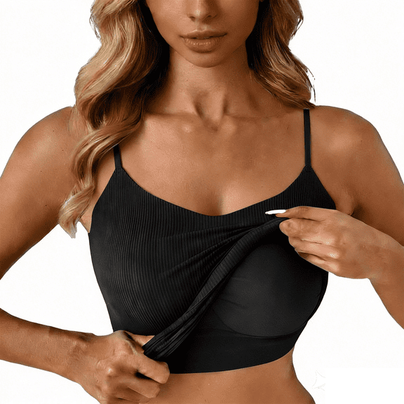 Soyumi Womens Spaghetti Strap Sports Bra V Neck Wireless Padded Yoga Bra Camisole Workout Crop Tops Tank Tops with Built-In Shelf Bra Workout Tops, Black