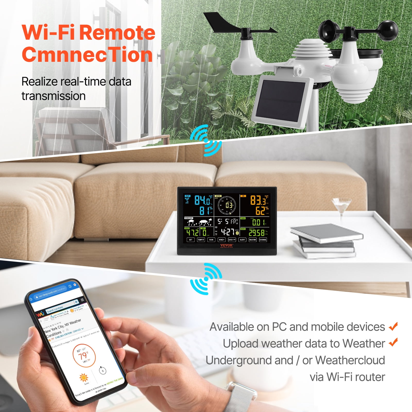 VEVOR 7-in-1 Wi-Fi Weather Station, 7.5 in Color Display, Home Weather Station Indoor Outdoor, with Solar Wireless Outdoor Sensor Alarm Alerts, for Temperature Humidity Wind Speed/Direction Rain