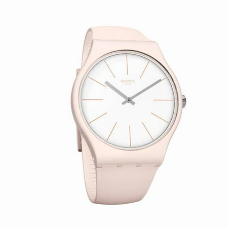 Swatch Unisex Beigesounds 41mm Pink Silicone Band Plastic Case Swiss Quartz White Dial Watch SUOT102