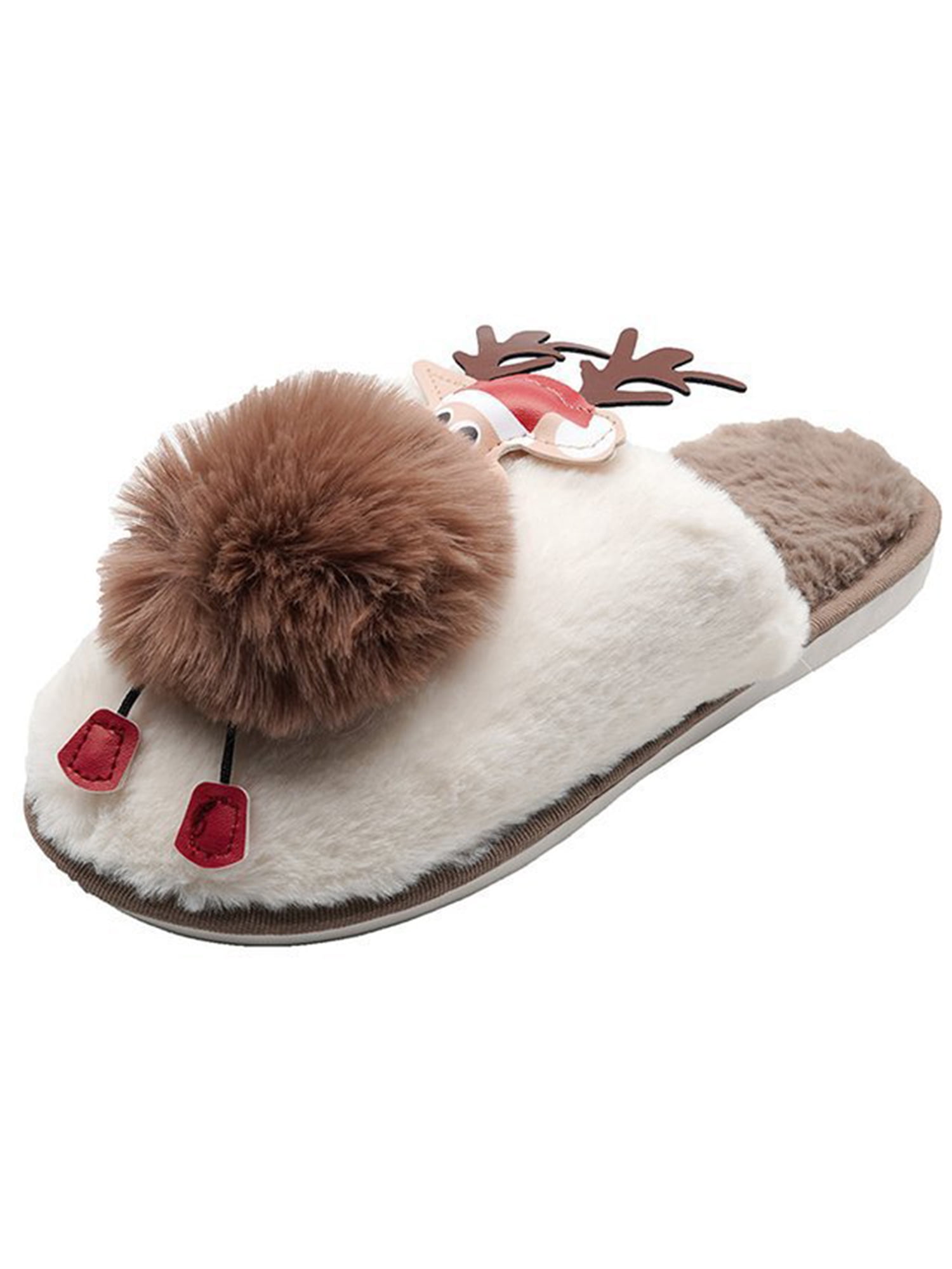 Ladies Womens Girl Warm Winter fleece Pompom Reindeer Bootie Slippers Shoes Gift 