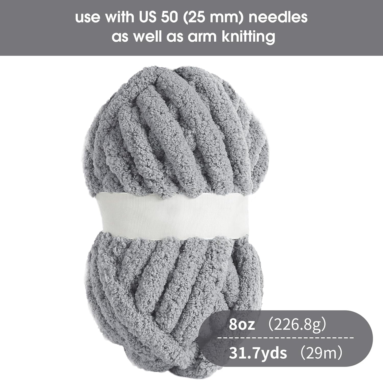 2 Pack Chunky Chenille Yarn for Crocheting, Bulky Thick Fluffy Yarn for Knitting, Bulky Chunky Yarn for Hand Knitting Blanket, Super Soft Plush Yarn (27yds Each Skein)-Gray