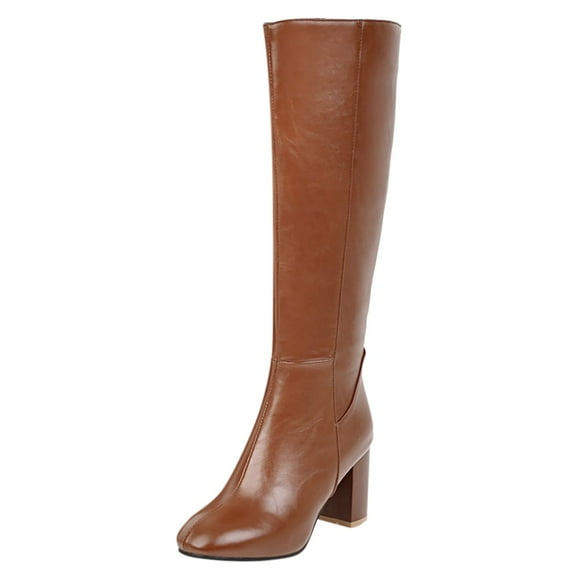 PEASKJP Cowboy Boots for Women Mid Calf Chunky Heels Patent Leather Boots,Brown 40