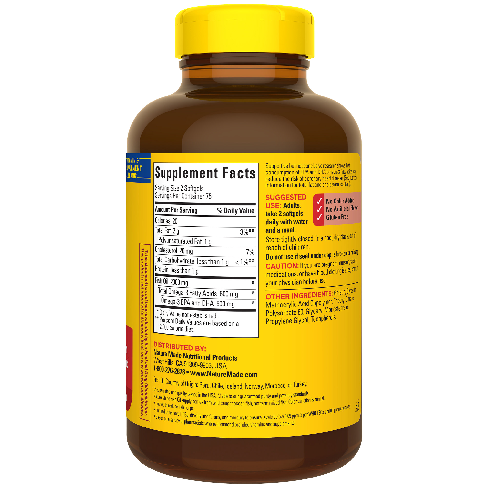 Nature Made Burp Less Fish Oil 2000 mg Per Serving Softgels, Omega 3 Fish Oil Supplements, 150 Count