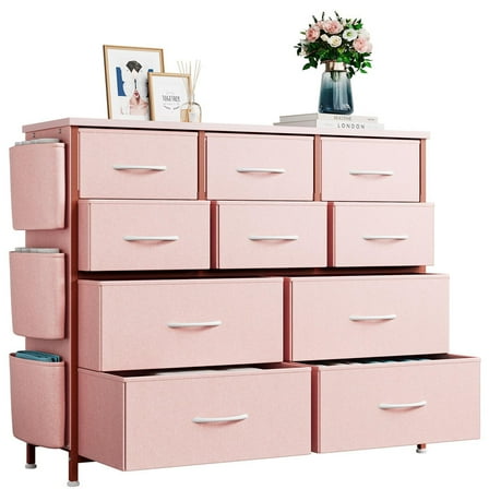 KOKEBREN 10 Drawers Fabric Dressers for Bedroom Wide Chest of Drawers with Side Pockets and Hooks,Pink