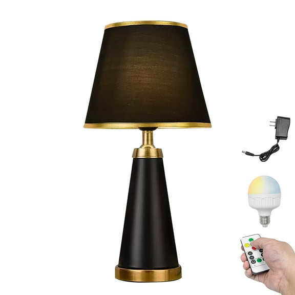 Kiven Cordless Table Lamp, Dimmable LED Desk Lamp with Black Fabric Drum Shade, Modern Rechargeable Nightstand Lamp for Home Decor Office Shelf Reading,1-Light