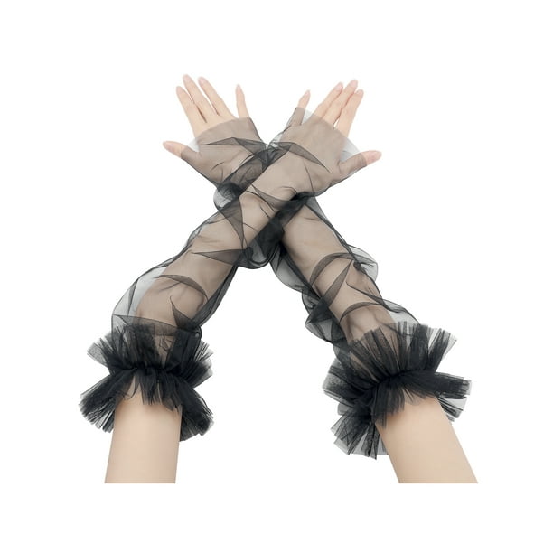 INSPIRAR CHIC Guantes sin dedos de malla con mangas de tul rizadas para mujeres, 1 par, negro, talla única